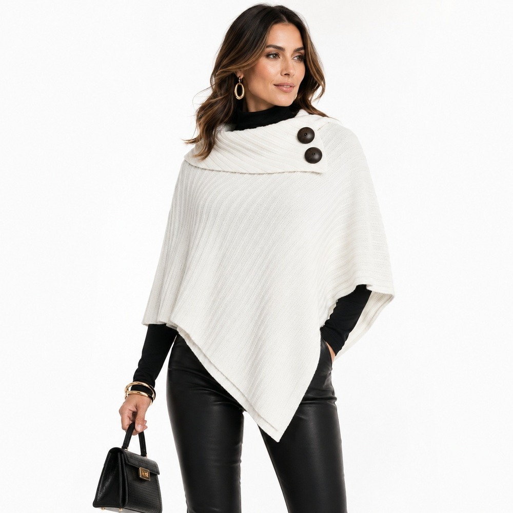 NWT Le Moda Button Pleated Wrap Asymmetrical Poncho White Cozy Chic Size OS
